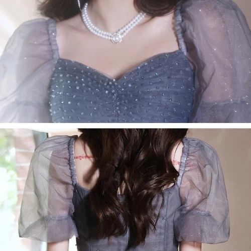 Damen Farbverlauf Netz Kleid Perlen Dekor Puffärmel Abendkleid Prinzessin glänzend - Bild 12 von 13