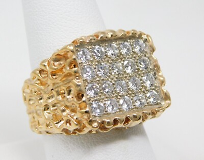 12 kt Yellow Gold Flat Top Pavè Diamond Gent's Textured Ring Sz