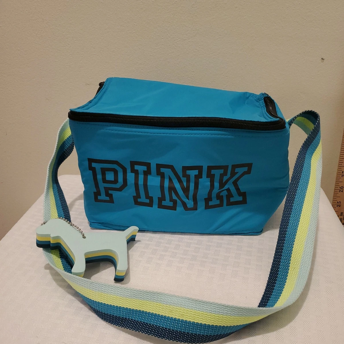 Victoria Secret Pink Nation Zip up Cooler Lunch Bag Teal Blue Dog Keychain 6 Pk
