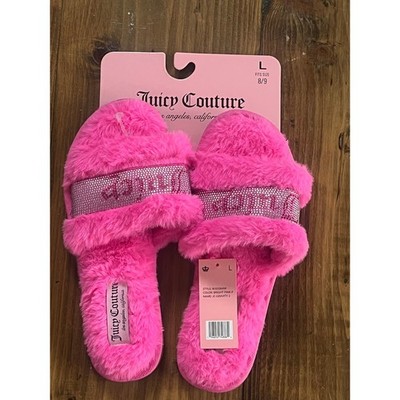 Juicy Couture -Gravity Bright Pink Faux Fur Rhinestone Logo Slippers Size L 8/9