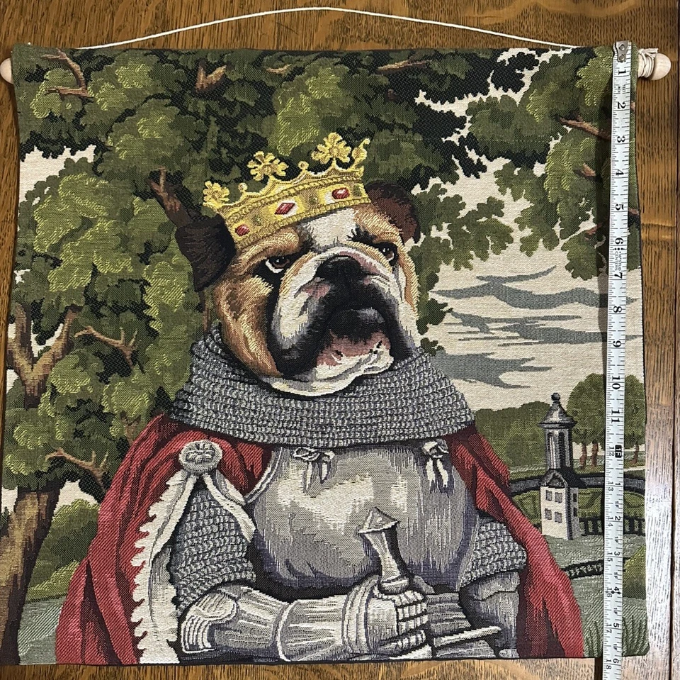 Raro Rei Arthur Cavaleiro Buldogue Inglês Realeza Medieval Tapeçaria Pendurada na Parede - Imagem 3 de 4
