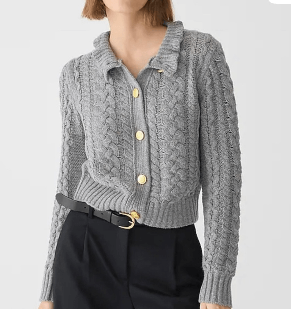 J.Crew grey ruffle neck cableknit cardigan sweater wool blend large
