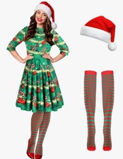 Womens 3 Pc Elf Costume Medium Christmas Dress Red Green