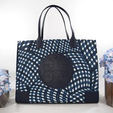 Image of Tory Burch Ella Wavy Gingham Navy Nylon Natural Leather Large Tote Bag NWT