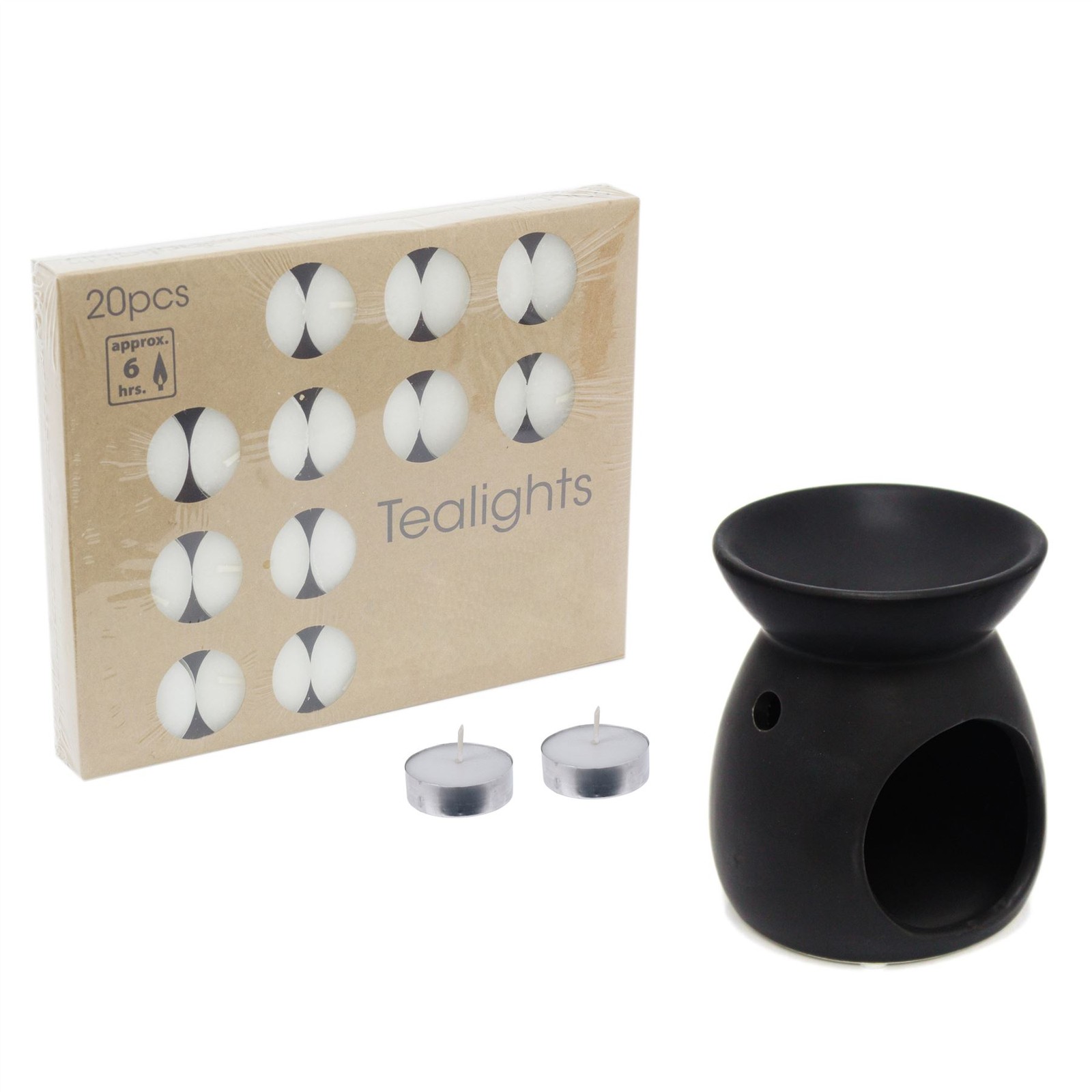Black Ceramic Fragrance Oil Burner With Pack Of 20 White Ivory Tealight Candles