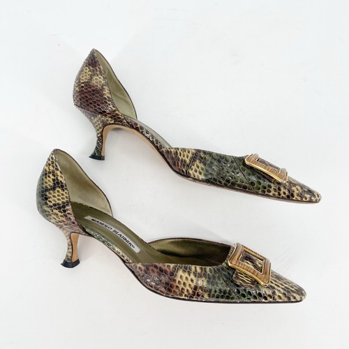 Vintage Manolo Blahnik Snakeskin Buckle Pointed Toe D'Orsay Kitten Heel IT 38 - Picture 3 of 11