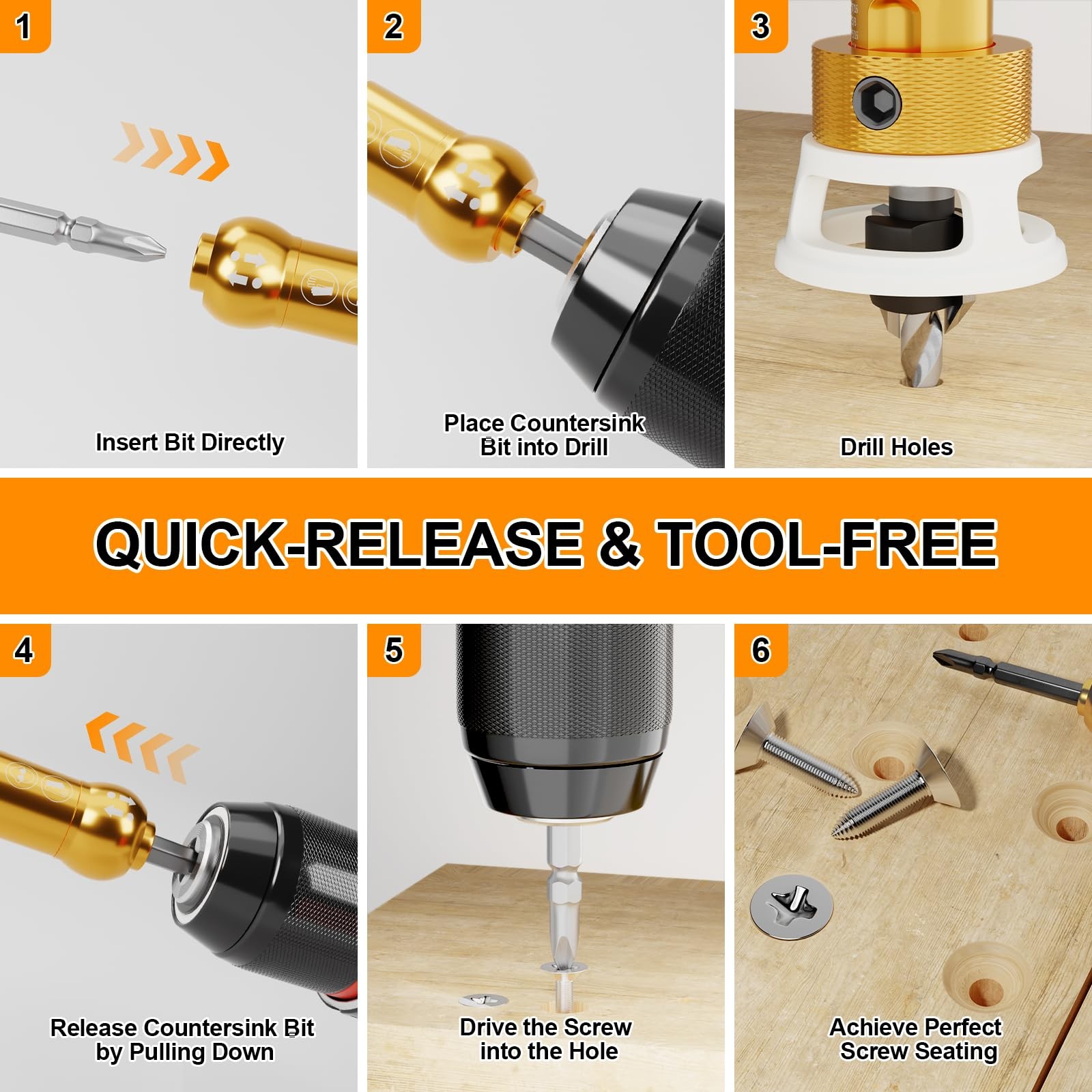 1/8"×3/8" Countersink Drill Bit - Carbide Tipped Adjustable Depth Stop Counte...