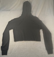 Women's Black Cropped Hoodie Medium Long Sleeve Raw Hem Sweatshirt New
