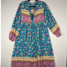 R. Vivimos Womens Floral Boho Midi Dress Turquoise Purple Tassel Tie Large 12/14