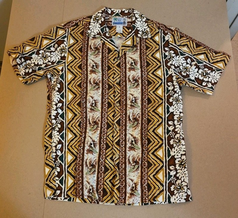 VTG Styled by RJC Shirt Mens S Green Brown Surf Aloha Hawaiian Beach Camp 80s