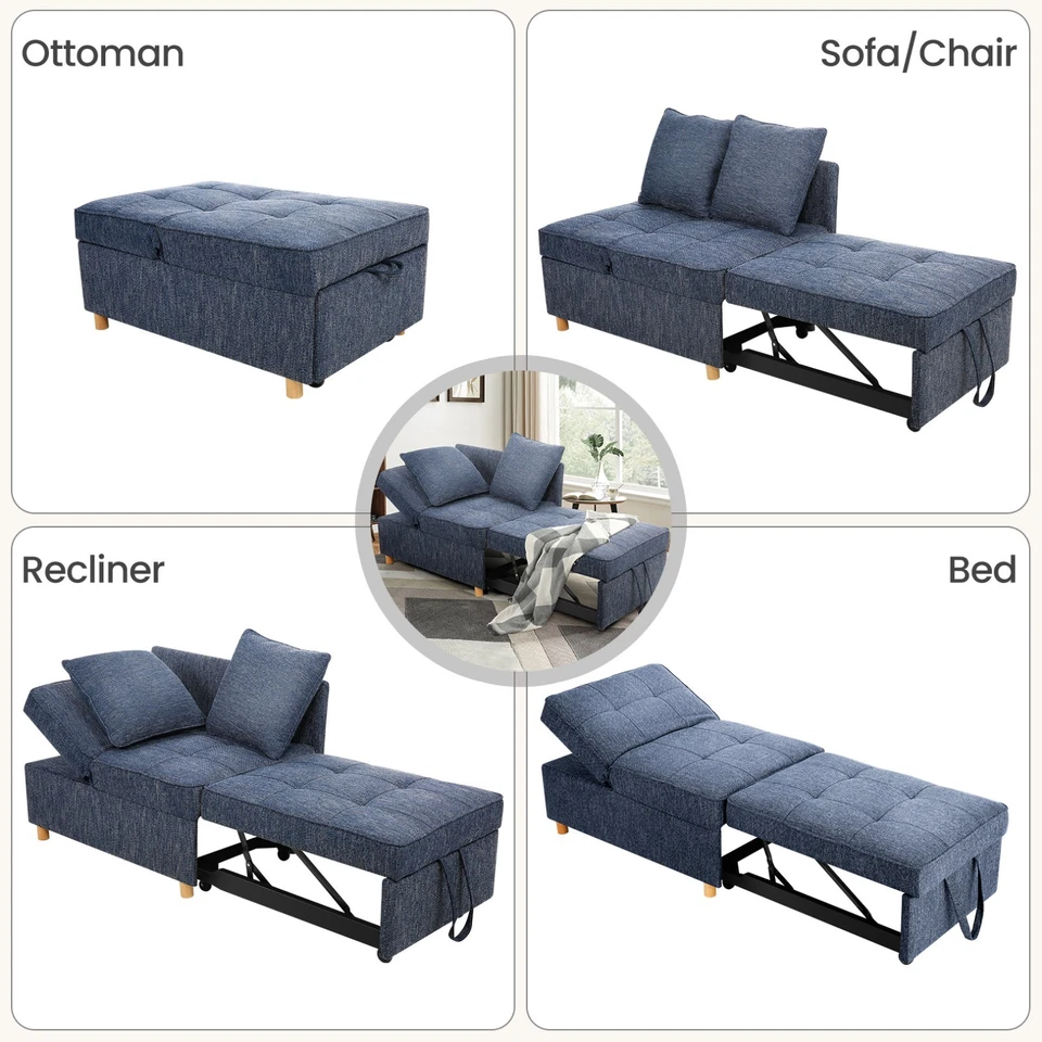 Sofá Cama Convertible Silla 4 en 1 Sofá Cama 3 Plazas Futón Lino Cama Sofá^ Foto 3 de 4