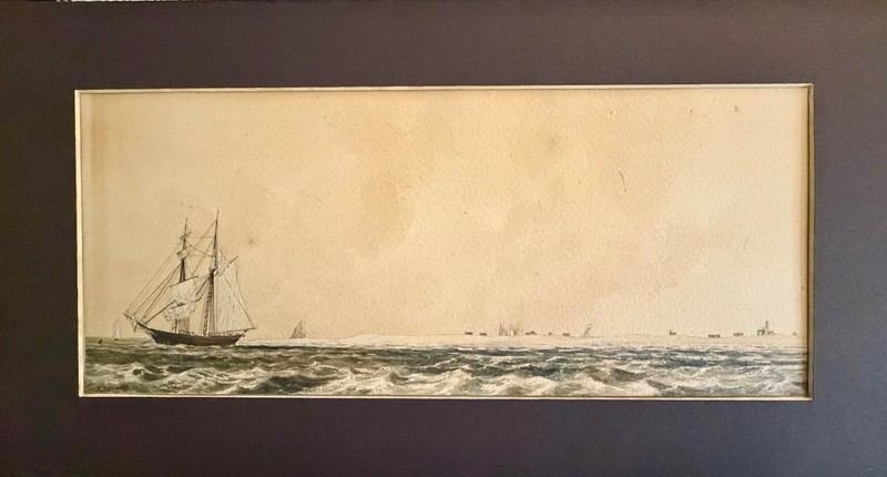 J P Newell 19th C Watercolor “Monomoy Point Nantucket Shoals” from Deck Red Wing