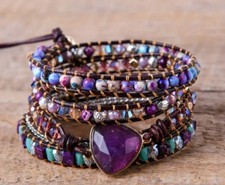 Boho Amethyst Faceted Stone Beaded 5-Layer Adjustable Leather Wrap Bracelet