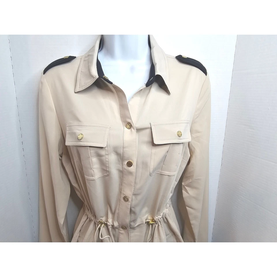 Calvin Klein Beige/Black Button Front Utility Shirt Dress Draw Waist SZ 6 - Image 2 of 4