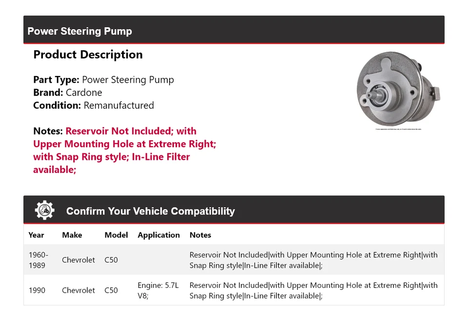 For 1960-1990 Chevrolet C50 Power Steering Pump Cardone 1961 1962 1963 1964 1965 - Image 2 of 4