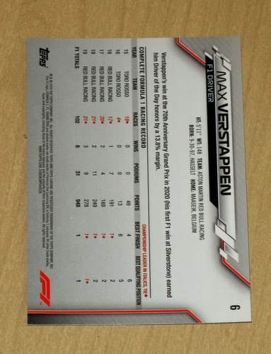 2020 Topps Chrome Formula 1 Racing base RC rookie card Max Verstappen #6 - Picture 2 of 2