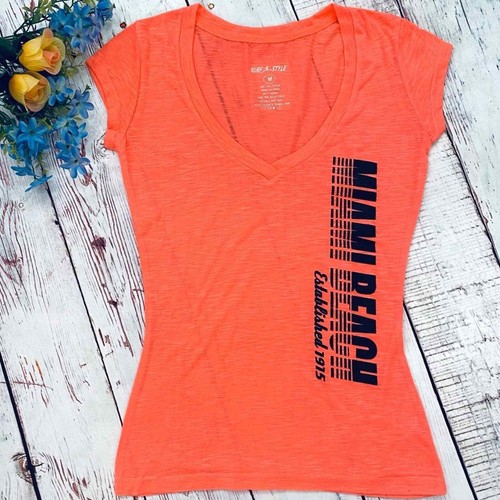 Surf Style Neon Orange Miami Beach V-Neck Tee - Size Medium