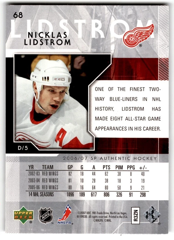 Nicklas Lidstrom 2006-07 SP Authentic #68 Detroit Red Wings - Image 2 of 2