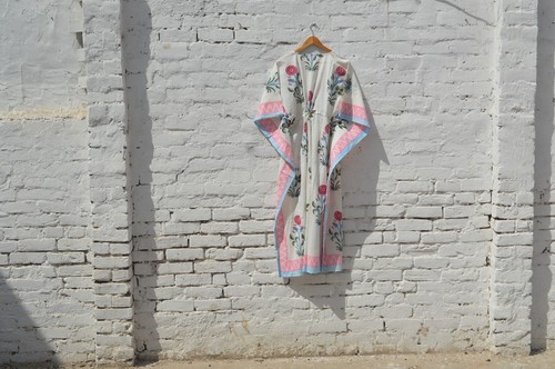 Cotton New Caftan Indian Hand-Block Long Kaftan Dress Floral Print Summer Dress - Picture 4 of 5