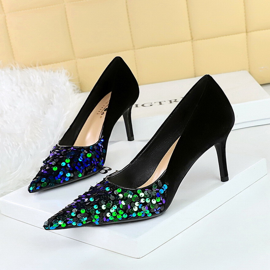 Women's Slip On Fashion Pointy Toe Glitter Sequin Suede High Heel