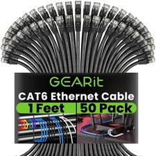 GearIT Cat 6 Ethernet Cable (50-Pack 1 Foot) Cat6 Network Patch, 10Gbps, RJ45, S