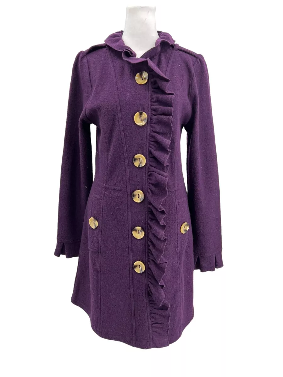 Luii Purple Ruffle Trim Long Button Front Felted Wool Knit Jacket