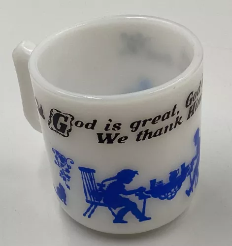 Vintage Anchor Hocking Hazel Atlas Child's Milk Glass Blue Prayer Mug/Cup