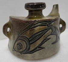 RYUKYU Tsuboya Pottery Sake Jug Dachibin Hip Flask - Signed Sumiko Miyagi Fish