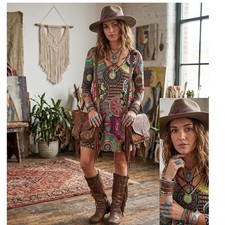 Vee Boho Mandala Print Criss Cross V-Neck 3/4 Sleeve Swing Mini Dress Multicolor