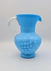 Vintage Blue Milk Glass Grape Pitcher White Handle 7.5” Vase EUC Repaired