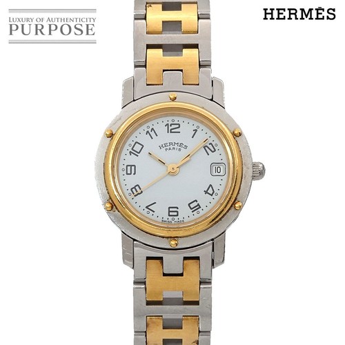 HERMES Clipper CL4.220 Date White Dial Gold Silver Quartz Ladies Watch 24mm SS - Picture 19 of 24