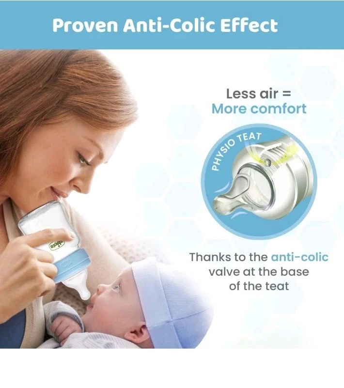 Biberón de vidrio Chicco Wellbeing (azul) T medio) 240 ml 2+ meses vendedor de EE. UU. Foto 4 de 4