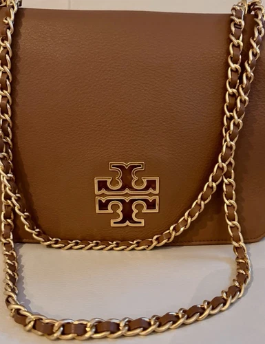 Autentica borsa a tracolla tracolla TORY BURCH Britten convertibile in pelle marrone chiaro