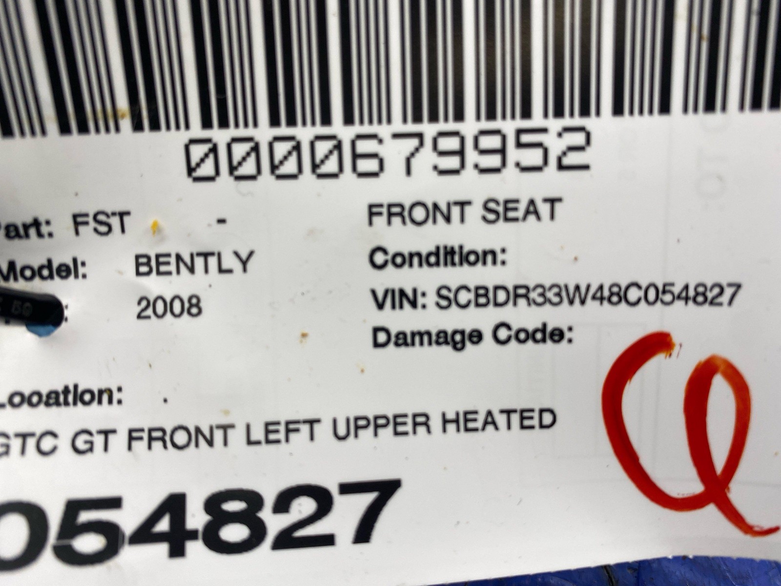 2006-2013 BENTLEY CONTINENTAL GTC GT FRONT LEFT UPPER HEATED SEAT CUSHION *WEAR*
