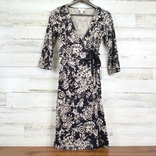 LOFT Petites Women's Stretchy Floral Wrap Dress 3/4 Sleeve Black Tan Size 6P