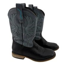 Rollda Kids Size 11 Western Cowboy Boots Black Teal Wing Embroidery Square Toe
