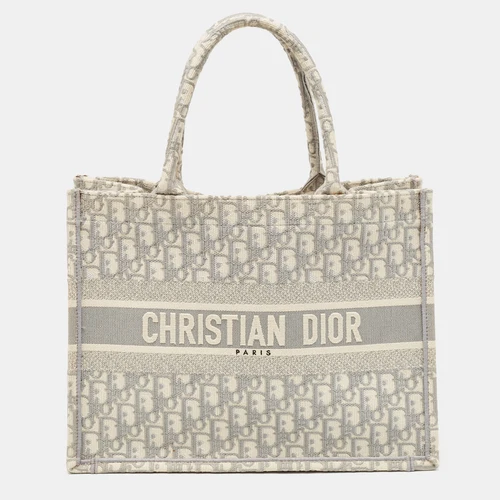 Sac fourre tout moyen en toile brodée oblique gris Dior