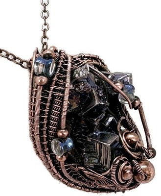 Blue Bismuth Crystal Necklace with Czech Glass and Bronze Wire Wrap - Steampunk