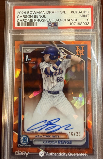2024 Bowman Chrome S/E Carson Benge Orange Sapphire Auto 16/25 Color Match PSA 9