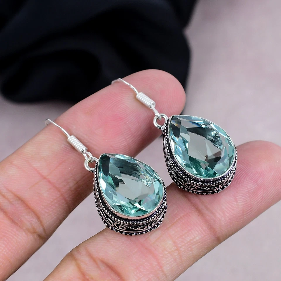 Pendiente colgante de piedras preciosas de aguamarina de plata de ley 925 hecho a mano joyería para regalo Foto 2 de 4