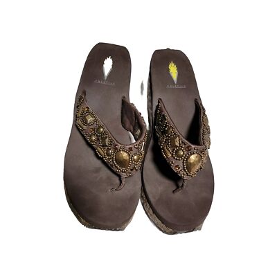 Volatile Women Flip Flops Platform Brown  Wedge Embellished Bead Sandals Sz 10  