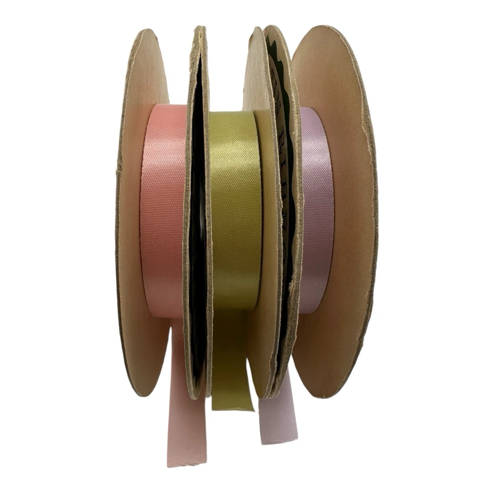 3 Vintage Dexter Brand Fancy Satin Ribbon Rolls Light Pink Green Lavender - Image 2 of 4