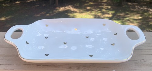 Pampa Bay Porcelain Serving Tray White/gold Hearts And Trim 11 5/8” X 6 1/4” EUC