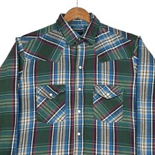 VTG Green Plaid Western Pearl Snap Thick Cotton Button Up Shirt - Men  s Large