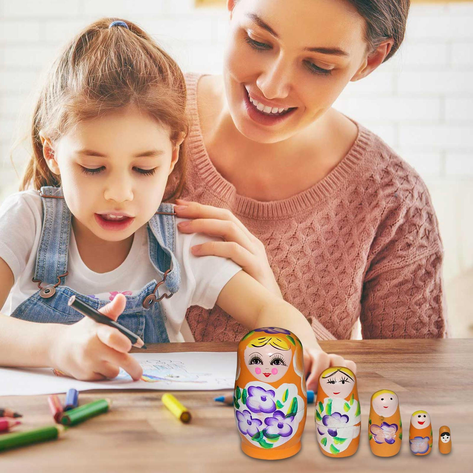 5Pcs Hand Painted Nesting Russian Dolls Set lotus Wood Babushka Matryoshka Decor eBay