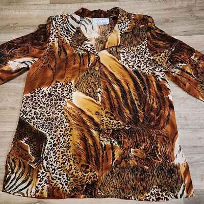 Vintage Delta Burke Womens Large Cheetah Print Button Down Blouse Shirt