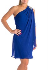 JS BOUTIQUE ~ Blue Draped Chiffon Jewel Shoulder Shift Party Dress 4 NEW $129