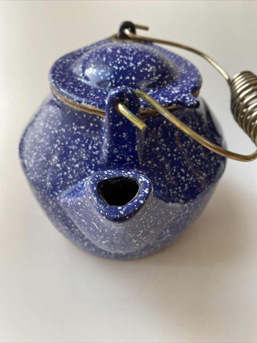 Vintage JOHN WRIGHT Blue Speckled Cast Iron Kettle Teapot w