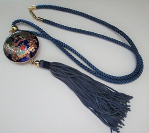 Vintage Cloisonné Tassel Pendant Necklace Blue Cord 