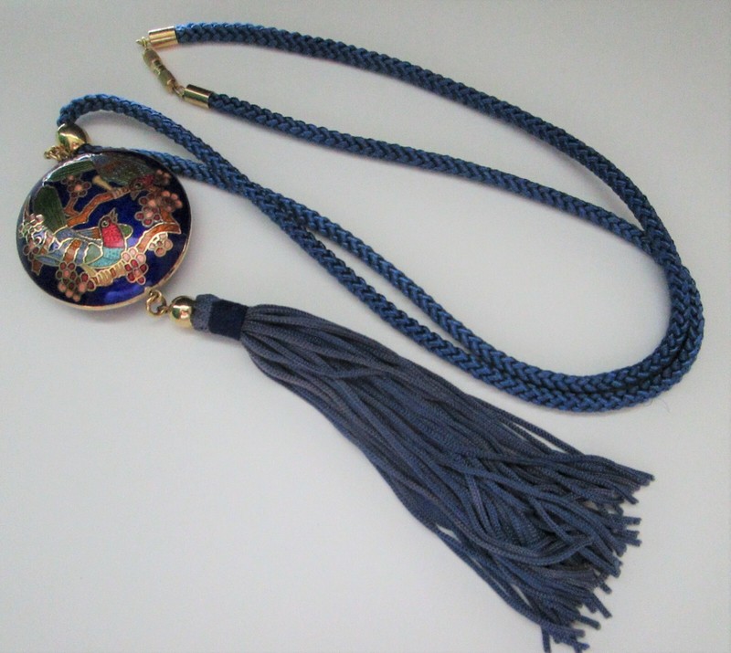 Vintage Cloisonné Tassel Pendant Necklace Blue Cord 
